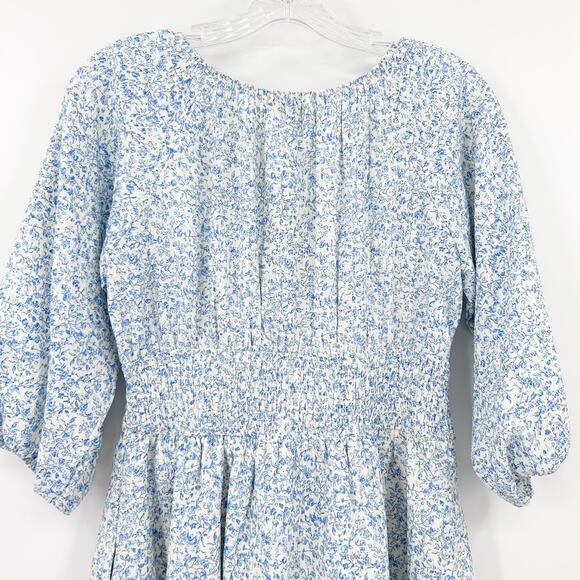 Baltic Born Koa Short Dress Blue Cream Ditsy Floral Smocked Waist Womens Sz S - Picture 9 of 12